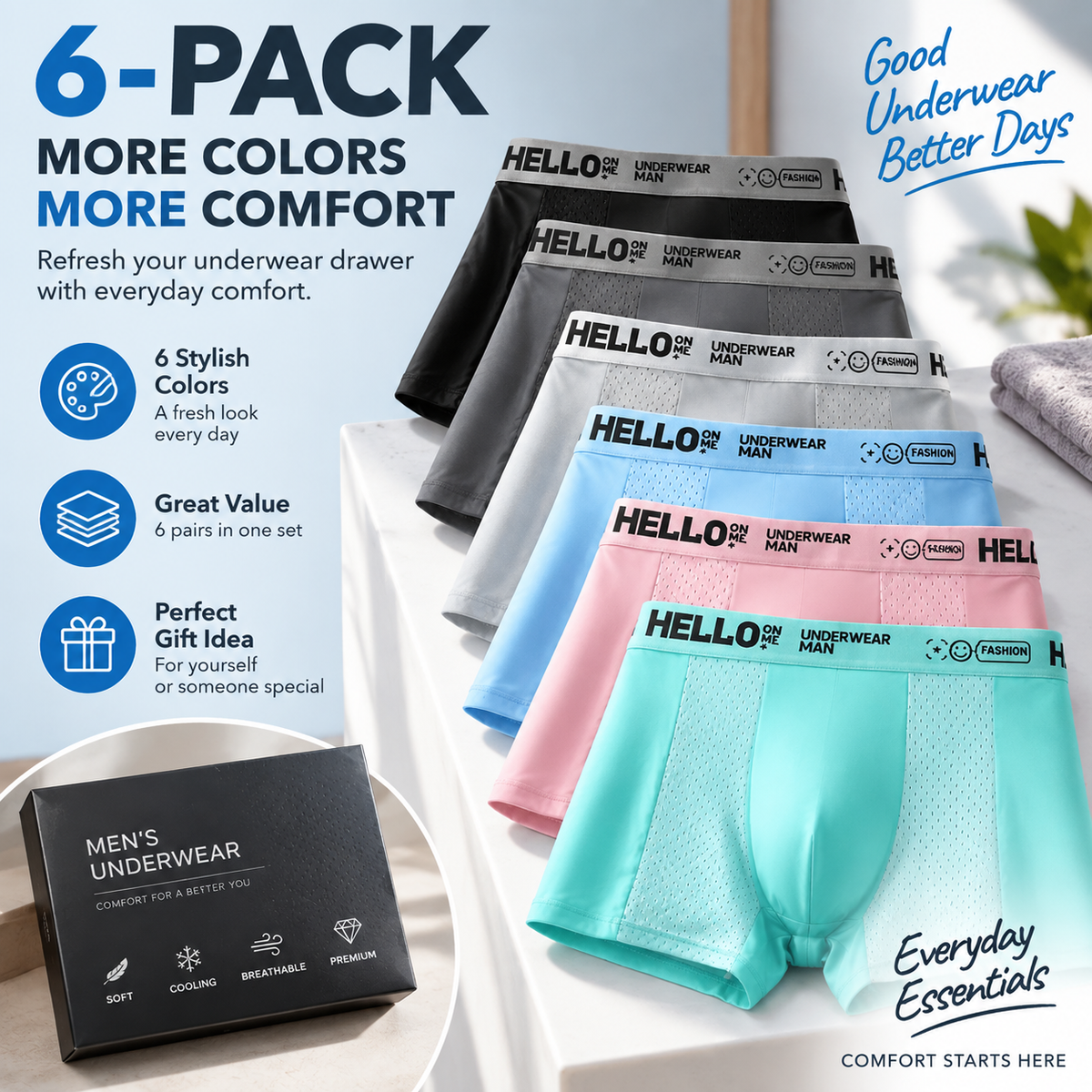 π§ Men's Ice Silk Cooling Boxer Briefs 6-Pack | Breathable Mesh Comfort Underwear