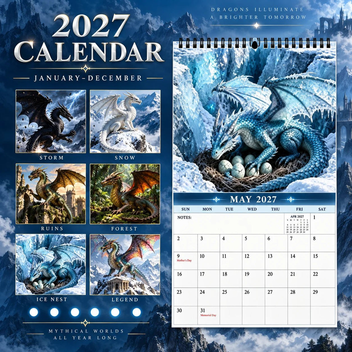 Dragons of a Higher World 2027 Wall Calendar โ 12-Month Epic Fantasy Dragon Calendar, Mystical Legendary Art Hanging Planner for Dragon Lovers
