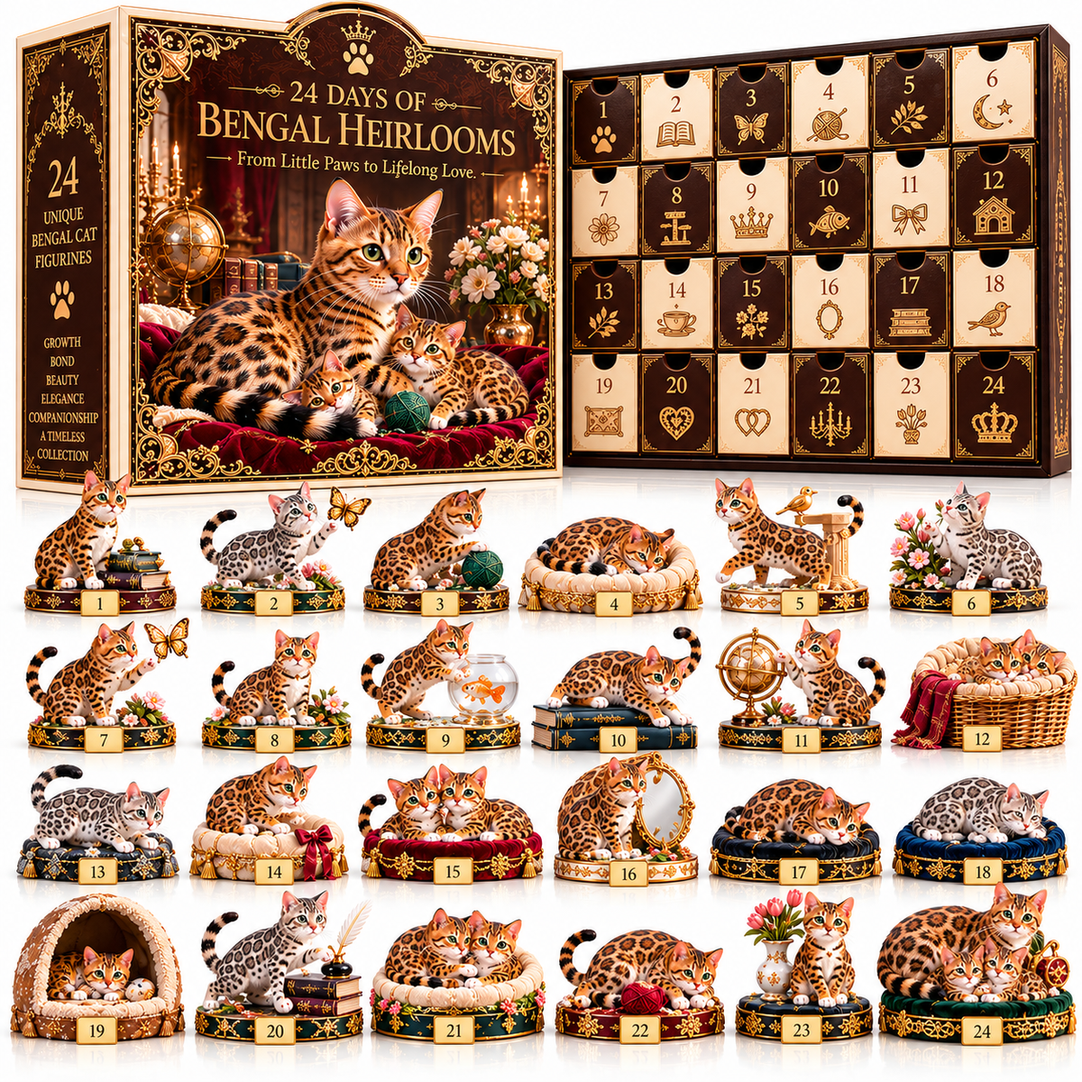 ✨ 24 Little Royals Await! 🐱 Luxury Bengal Cat Advent Calendar – 24 Collectibles