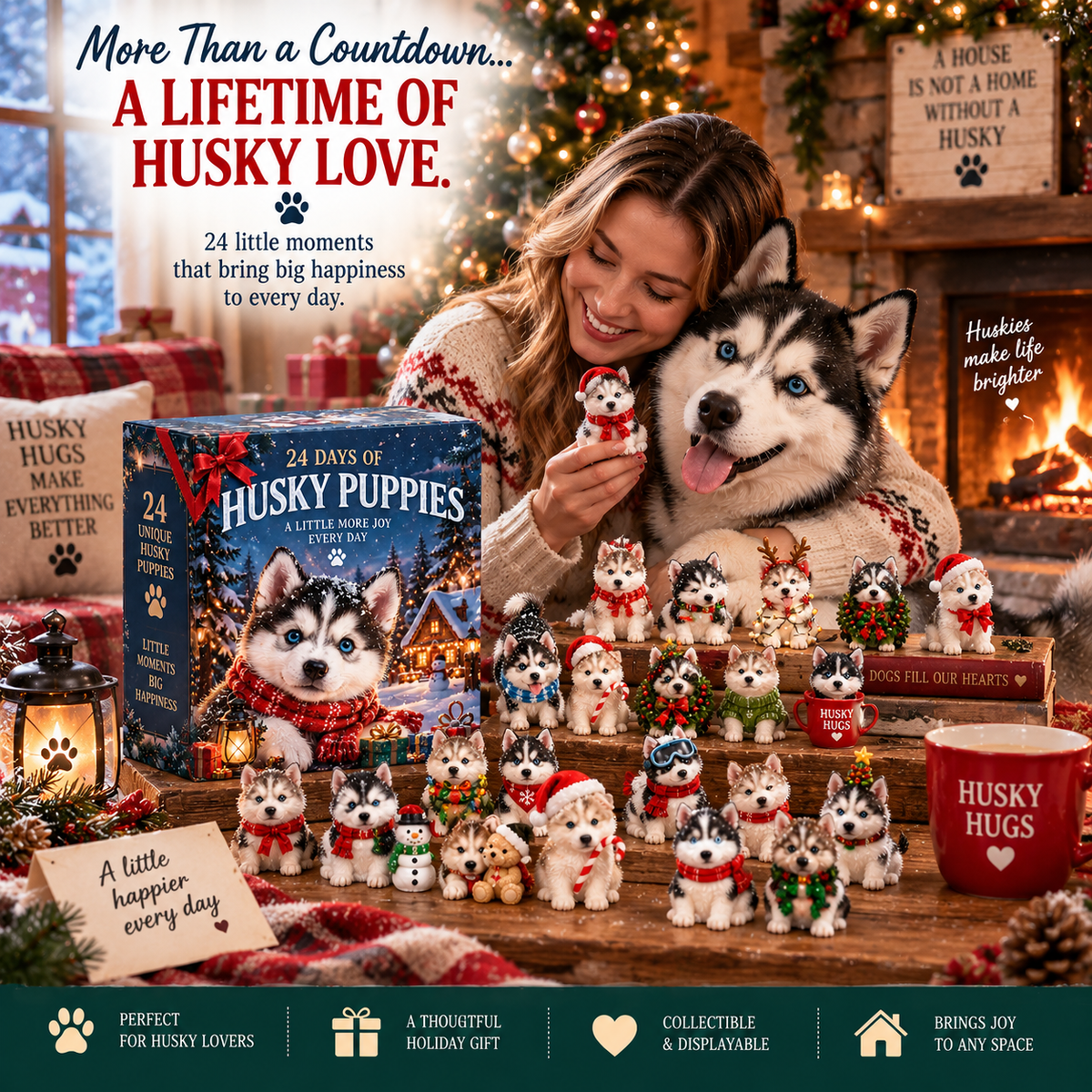 ๐บ 24 Days of Husky Puppies Advent Calendar โ 24 Unique Realistic Siberian Husky Figurines, Christmas Gift for Husky Lovers