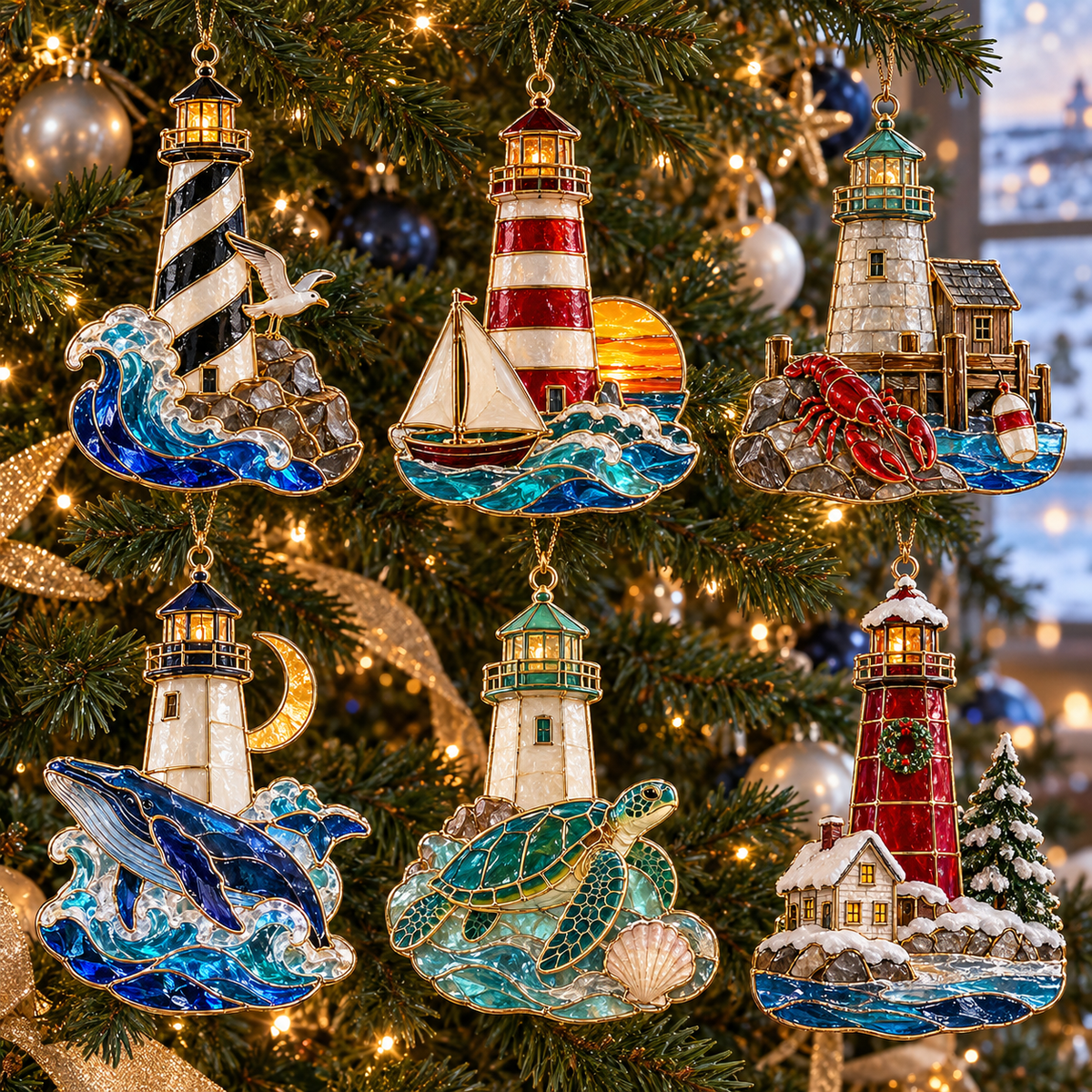 Coastal Lighthouse Christmas Ornaments – Vintage Stained Glass Style, Set of 6