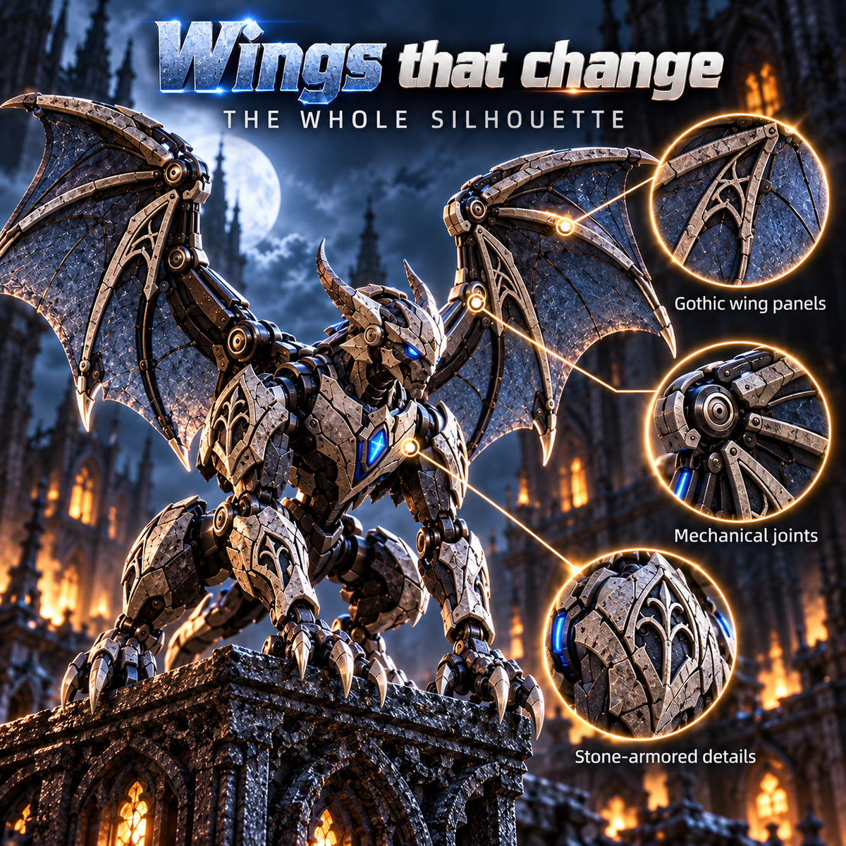 2 forms · 1 gothic guardian From Mechanical Egg to Gothic Gargoyle Start with a compact stone-metal egg