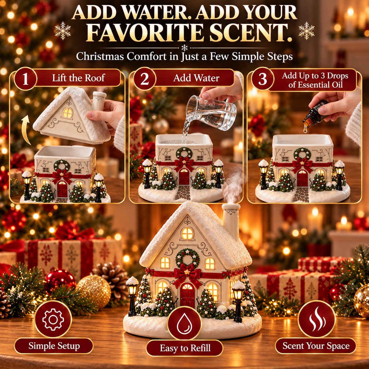 π Christmas Village Aroma Diffuser β Glowing Holiday House with Chimney Mist & Essential Oil Scent