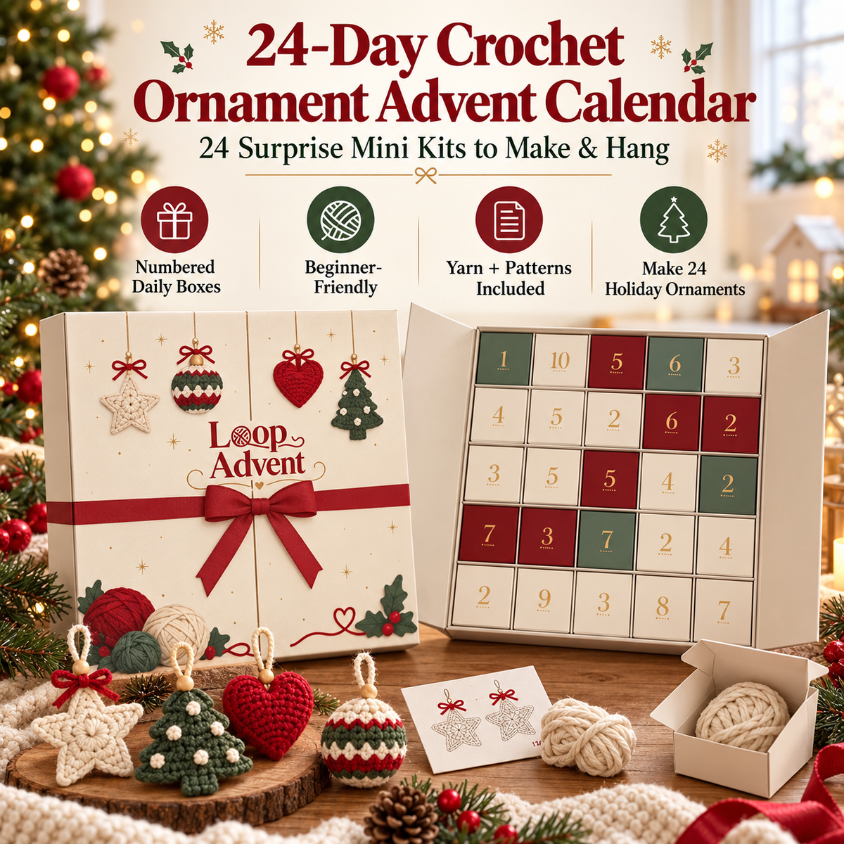 🔥🧶24-Day Crochet Christmas Advent Calendar™ – 24 Surprise DIY Ornament Kits to Make & Hang✨