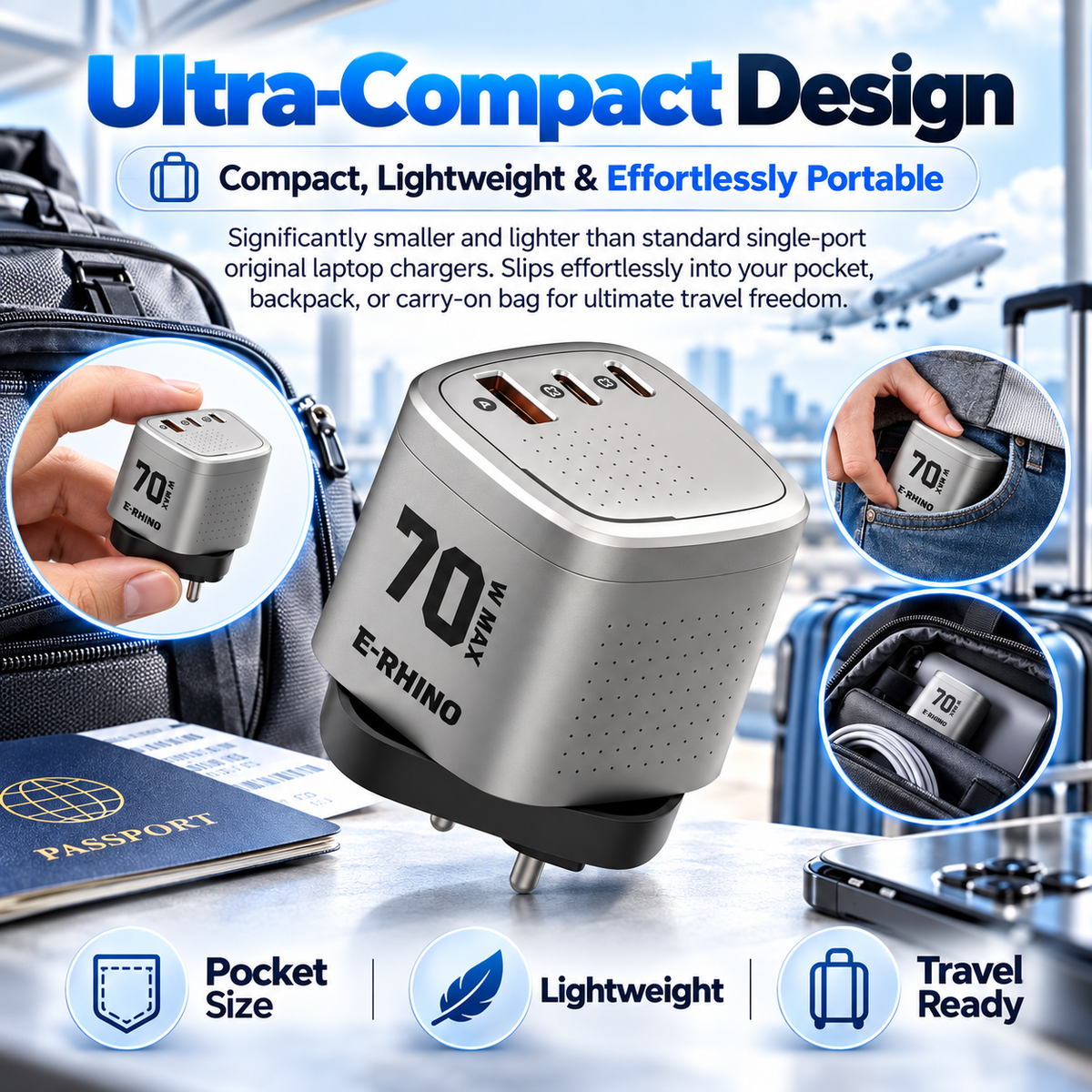 Global Travel Charger (70W, 3-Port, GaN, Integrated Rotary Plug)