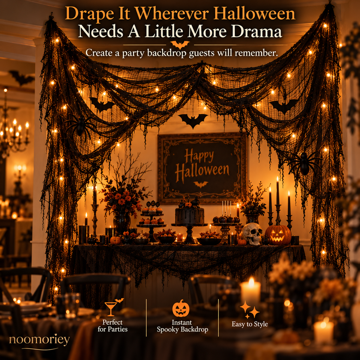 π Halloween Creepy Cloth β Black Gauze Spiderweb Draping for Doorways, Stairs & Party DΓ©cor