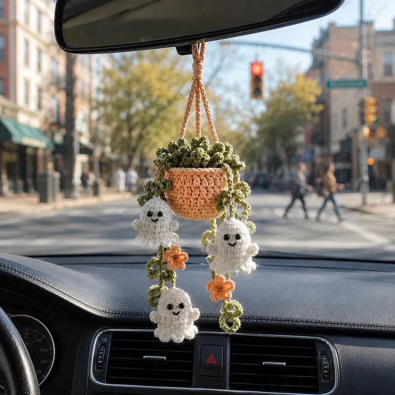 Halloween Crochet Ghost Car Hanging Plant