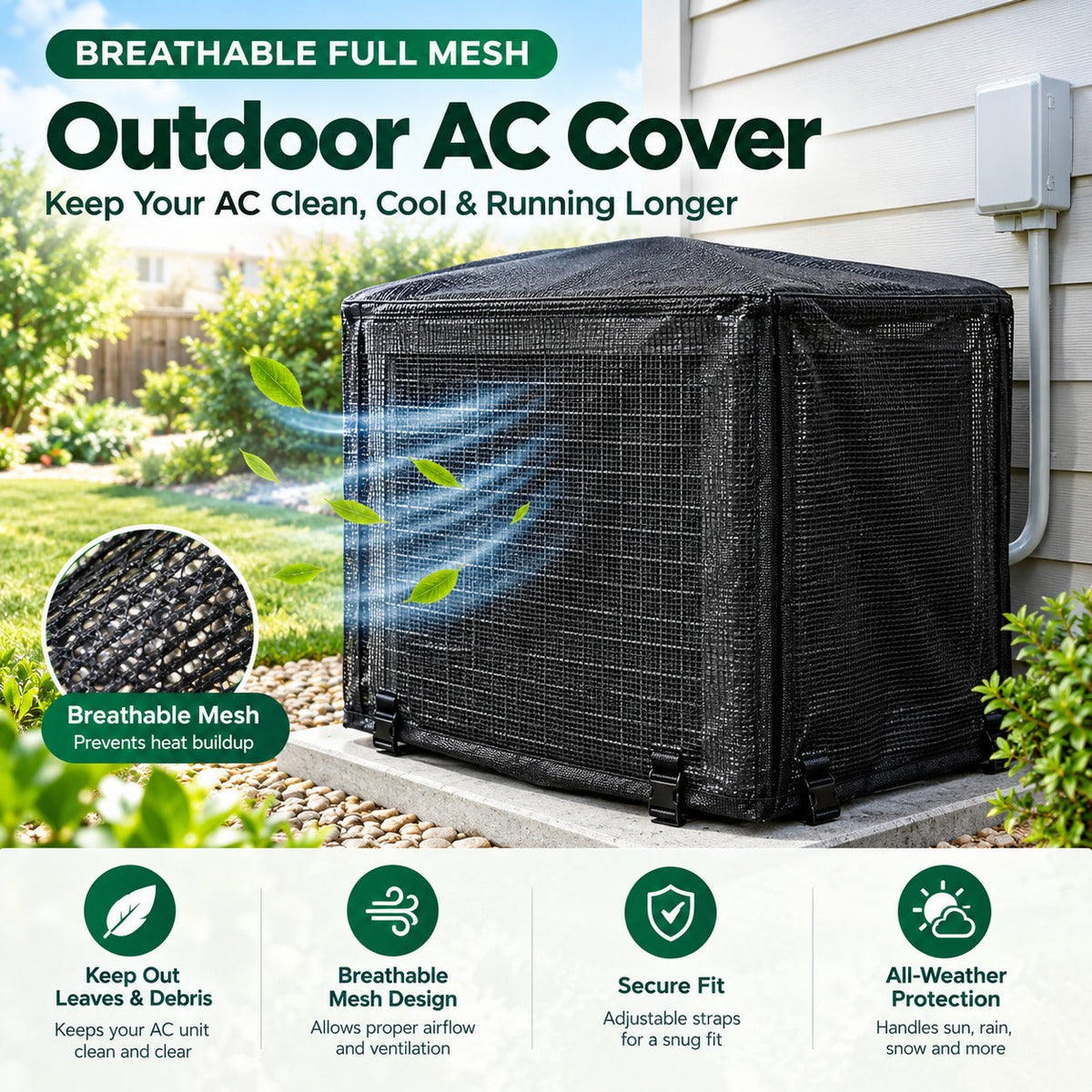 🍂 Outdoor AC Mesh Cover – Leaf & Debris Protection with Buckle Closure for Off-Season Storage