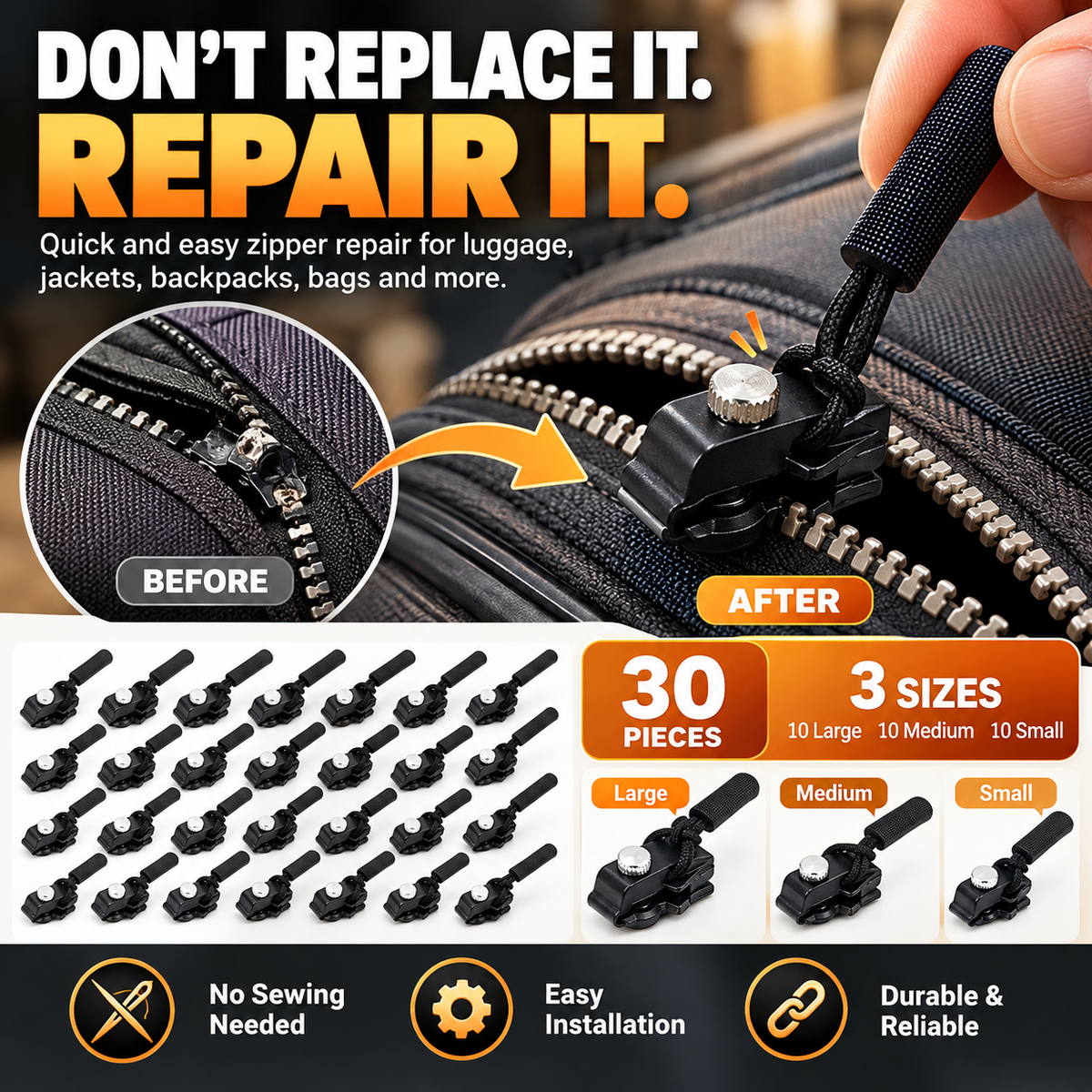 🧥 Replacement Zipper Slider Kit – 30-Piece No-Sew Zipper Fix Set for Jackets, Tents, Pants & Bags