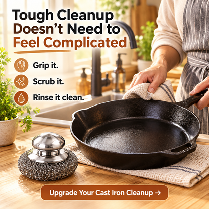 Heavy-Duty Stainless Steel Cast Iron Cleaner with Comfort Grip Knob – Rust-Resistant Wire Scrubber for Stubborn Grease & Pots