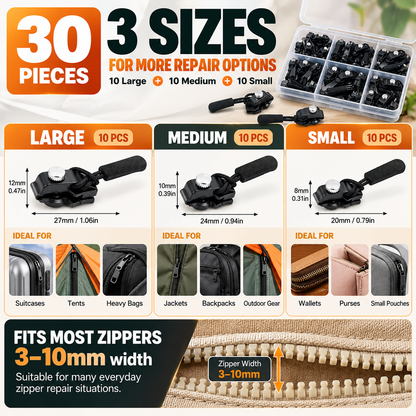 🧥 Replacement Zipper Slider Kit – 30-Piece No-Sew Zipper Fix Set for Jackets, Tents, Pants & Bags