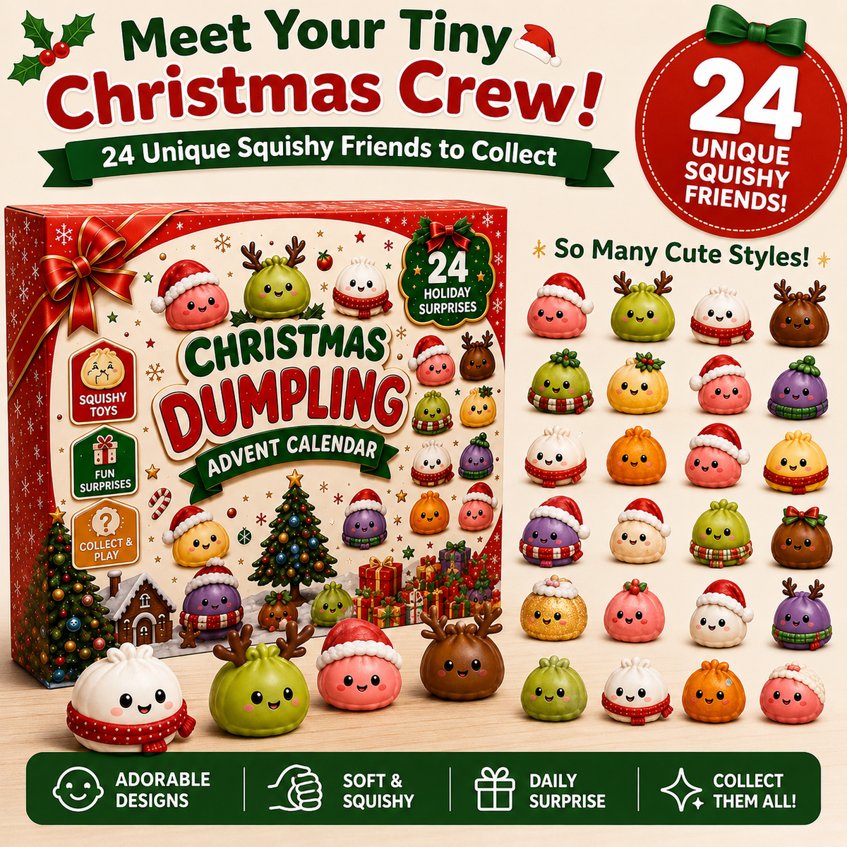 🎅 Christmas Special 🎄 24 Days of Mini Squishies Advent Calendar – Cute Daily Dumpling Surprises 🎁✨