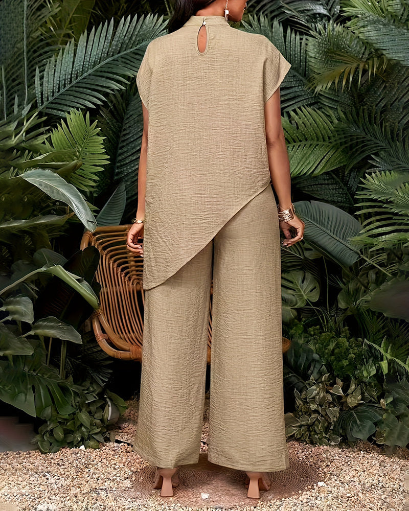Vacation Casual Asymmetric Hem Top and Pants Set