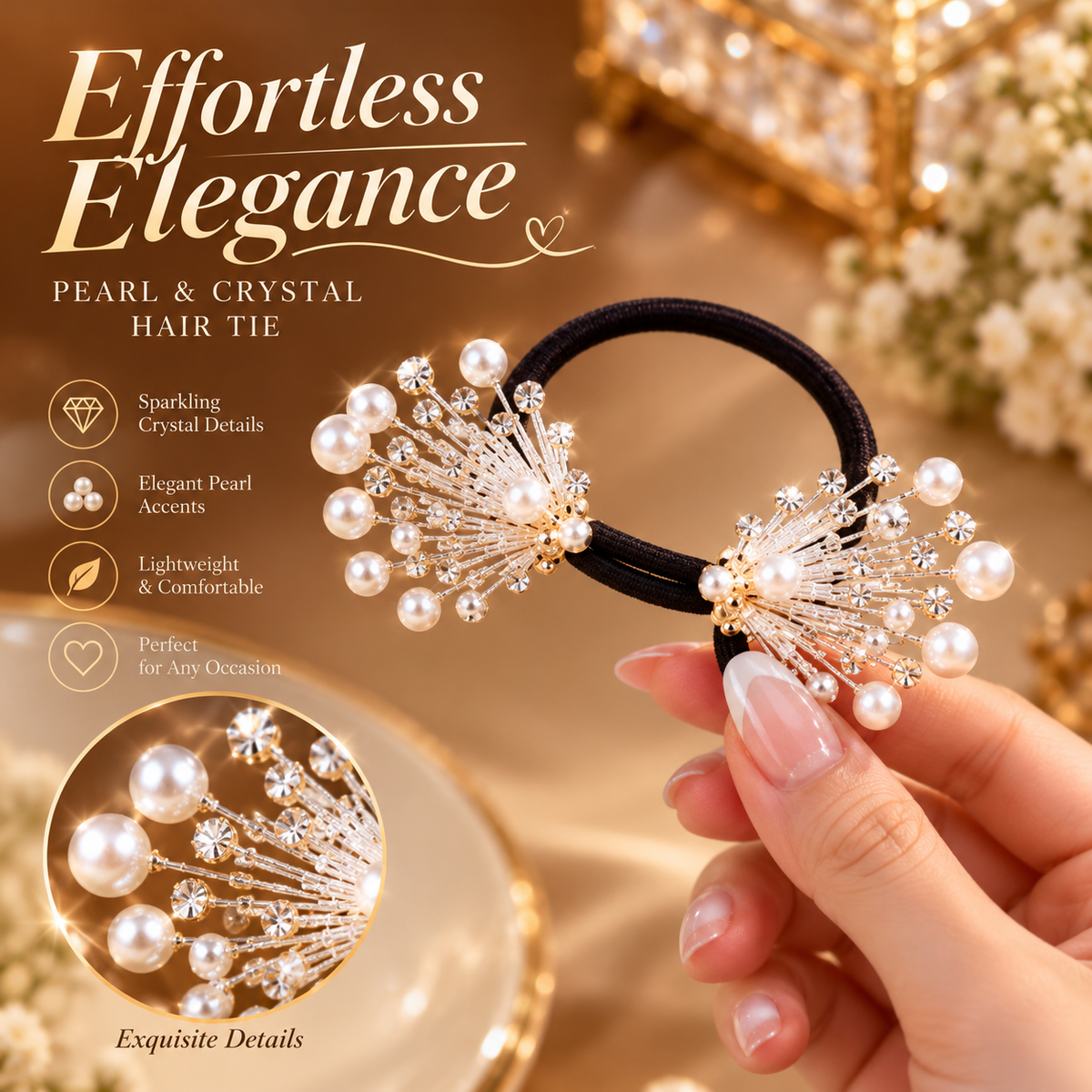 ✨ Elegant Pearl & Crystal Hair Tie – Effortless Elegance 🤍
