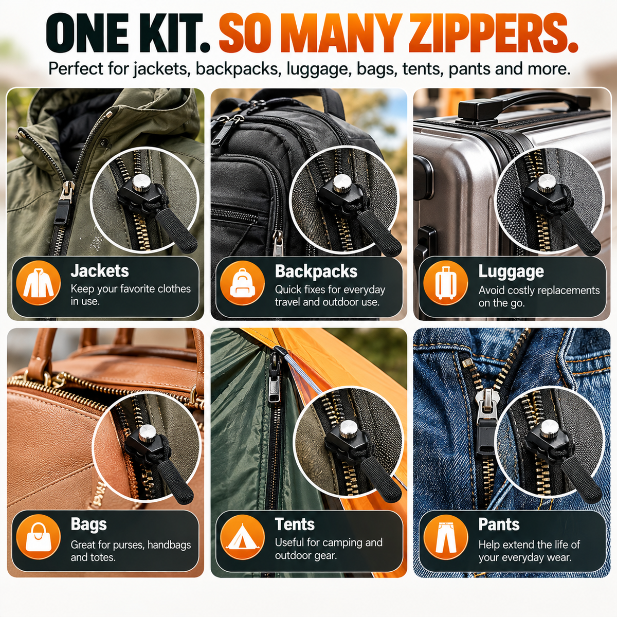 🧥 Replacement Zipper Slider Kit – 30-Piece No-Sew Zipper Fix Set for Jackets, Tents, Pants & Bags
