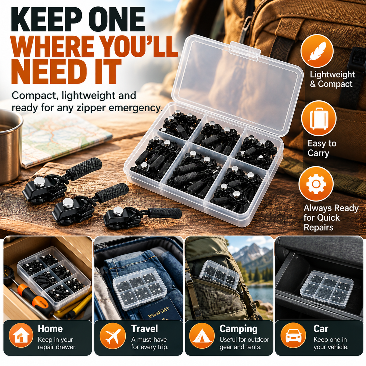 🧥 Replacement Zipper Slider Kit – 30-Piece No-Sew Zipper Fix Set for Jackets, Tents, Pants & Bags