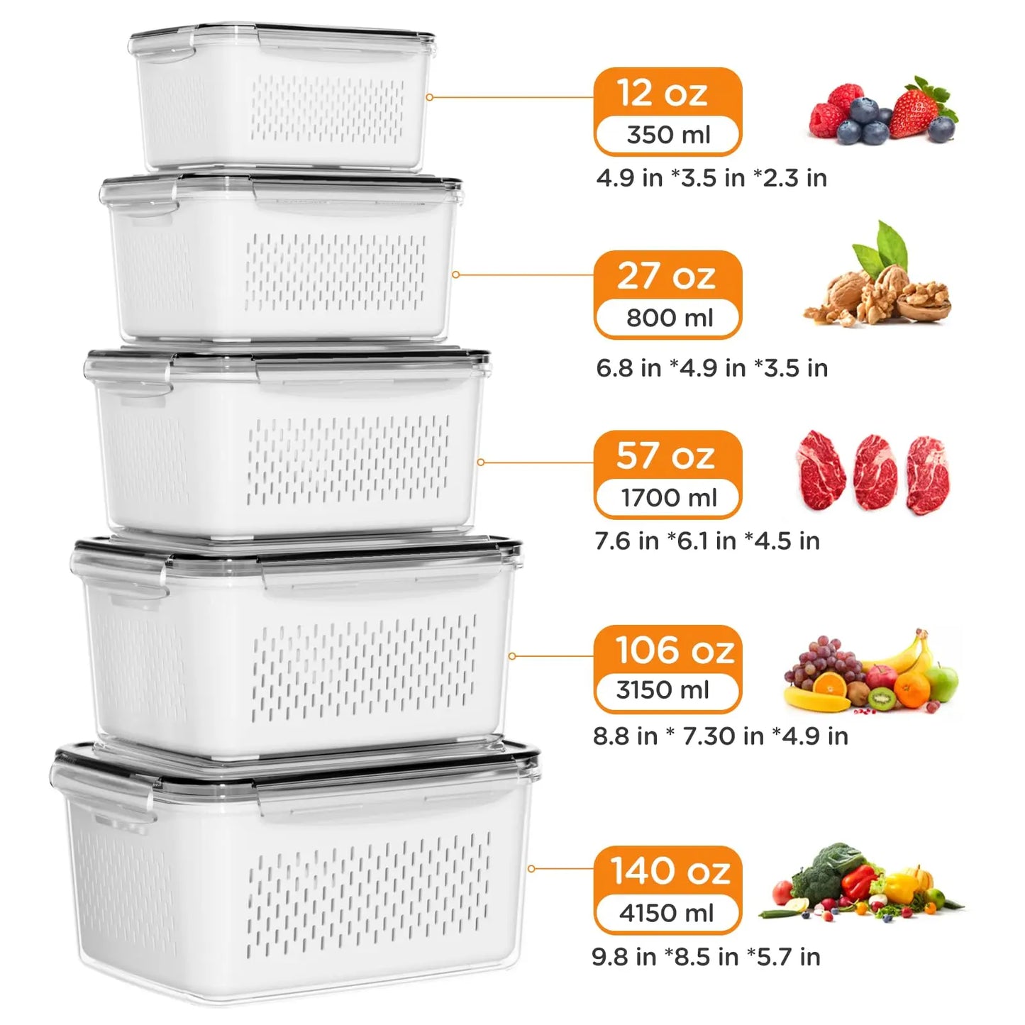 Fridge Organizers and Storage - Stackable Fruit Storage Containers for Fridge with Removable Colander, BPA-Free Food Storage Container for Salad Berry Lettuce Vegetables Meat Keeper Fresh