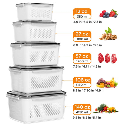 Fridge Organizers and Storage - Stackable Fruit Storage Containers for Fridge with Removable Colander, BPA-Free Food Storage Container for Salad Berry Lettuce Vegetables Meat Keeper Fresh