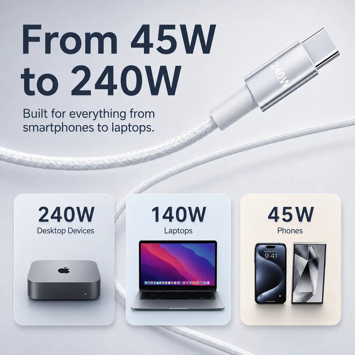 240W 3-in-1 USB-C Travel Charger with Magnetic Watch Charger & 5FT Cable