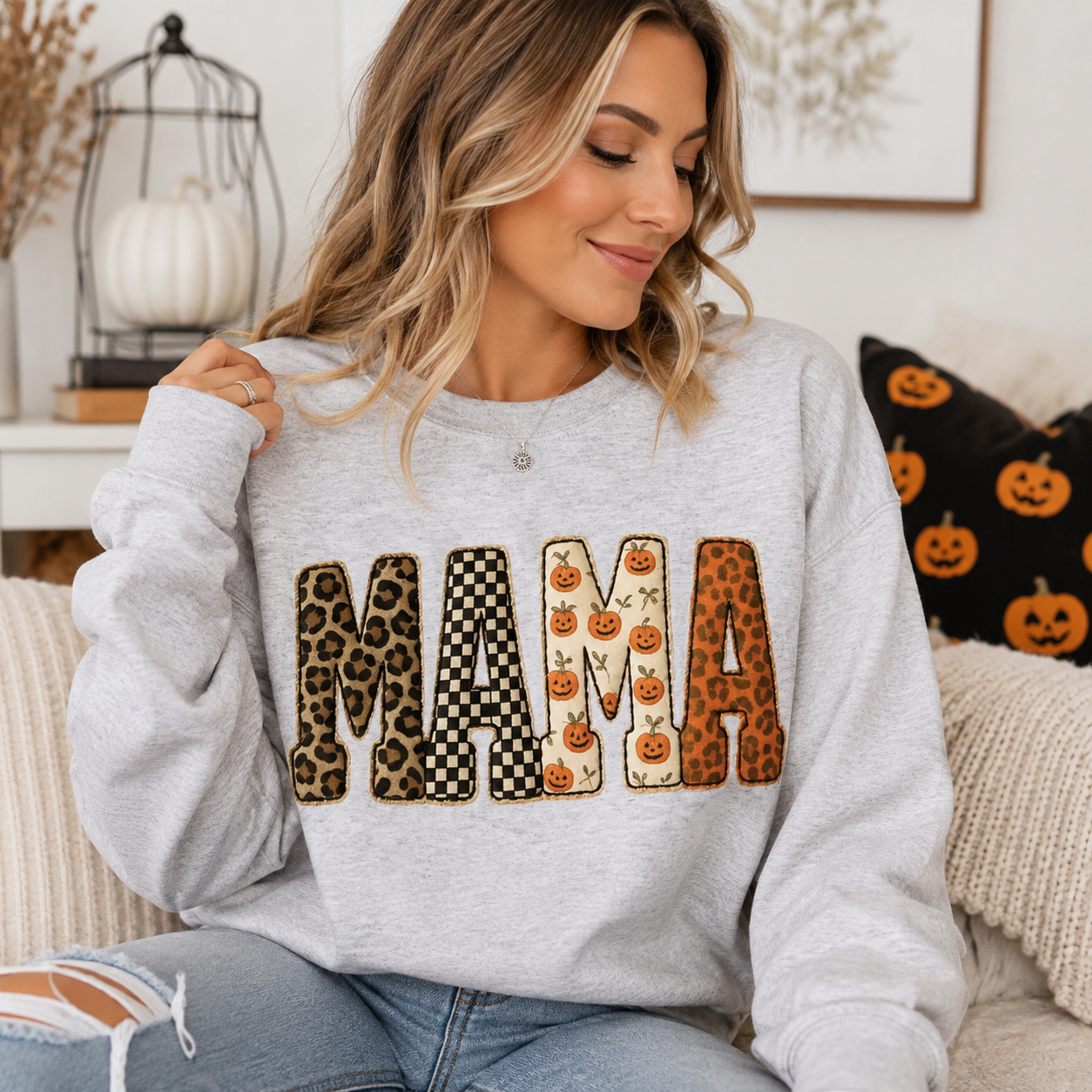 Mama Halloween Pumpkin Leopard Checkered Sweatshirt | Cute Fall Graphic Pullover for Women