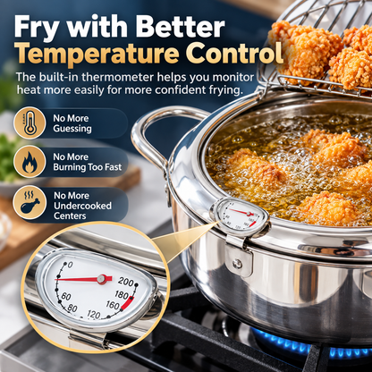🍟 Stainless Steel Deep Fryer Pot with Thermometer & Frying Basket – Easy Home Frying