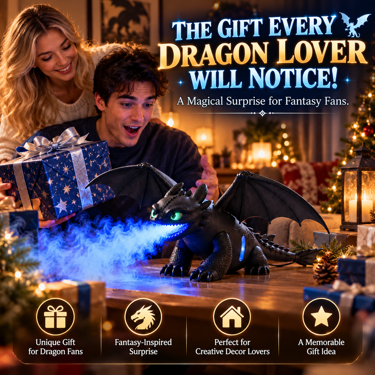🐉 Black Dragon Mist Humidifier – Magical Blue Dragon Breath, Glowing Green Eyes & Fantasy Desk Decor ✨