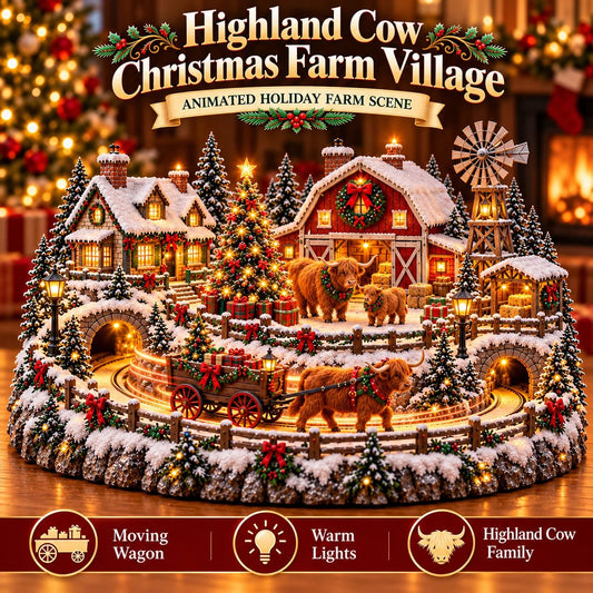 🐮 Highland Cow Christmas Farm Village – Lighted Farmhouse Holiday Scene
