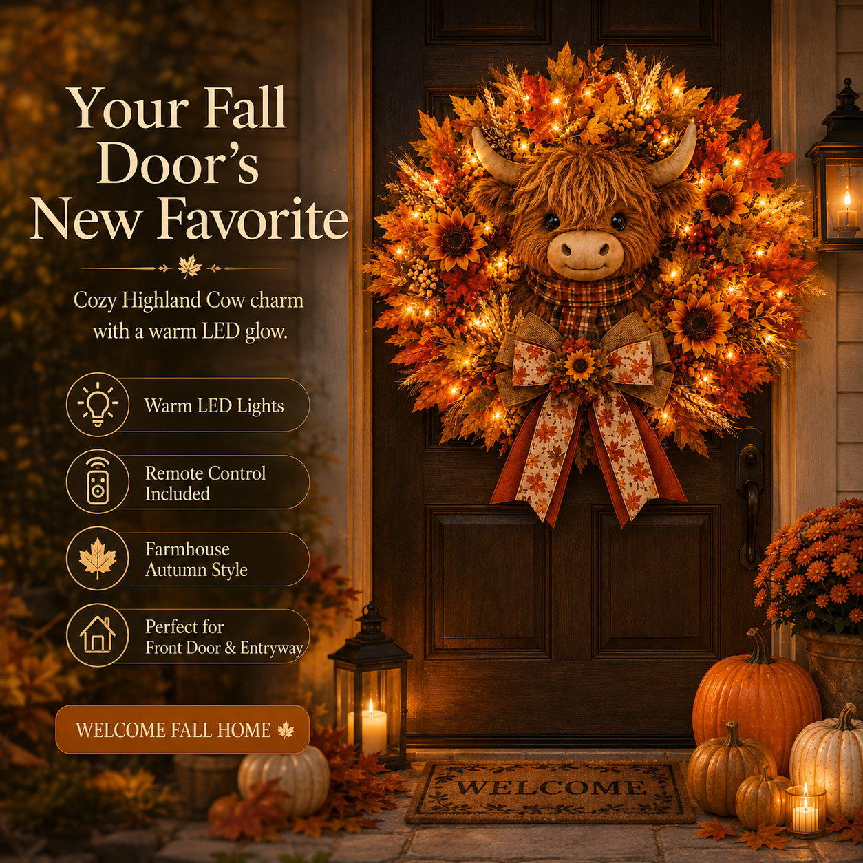 🍂🐮Autumn Highland cow wreath decoration with lights