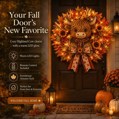 🍂🐮Autumn Highland cow wreath decoration with lights