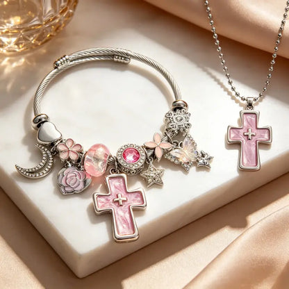 Pink Cross Charm Adjustable Cuff Bangle