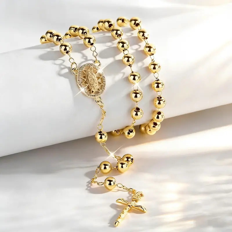 Fashion Hollow Virgin Guadalupe Prayer Bead Cross Necklace
