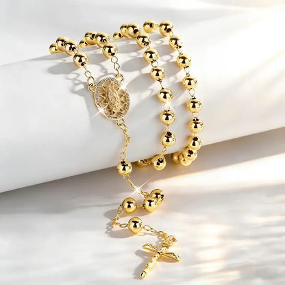 Fashion Hollow Virgin Guadalupe Prayer Bead Cross Necklace