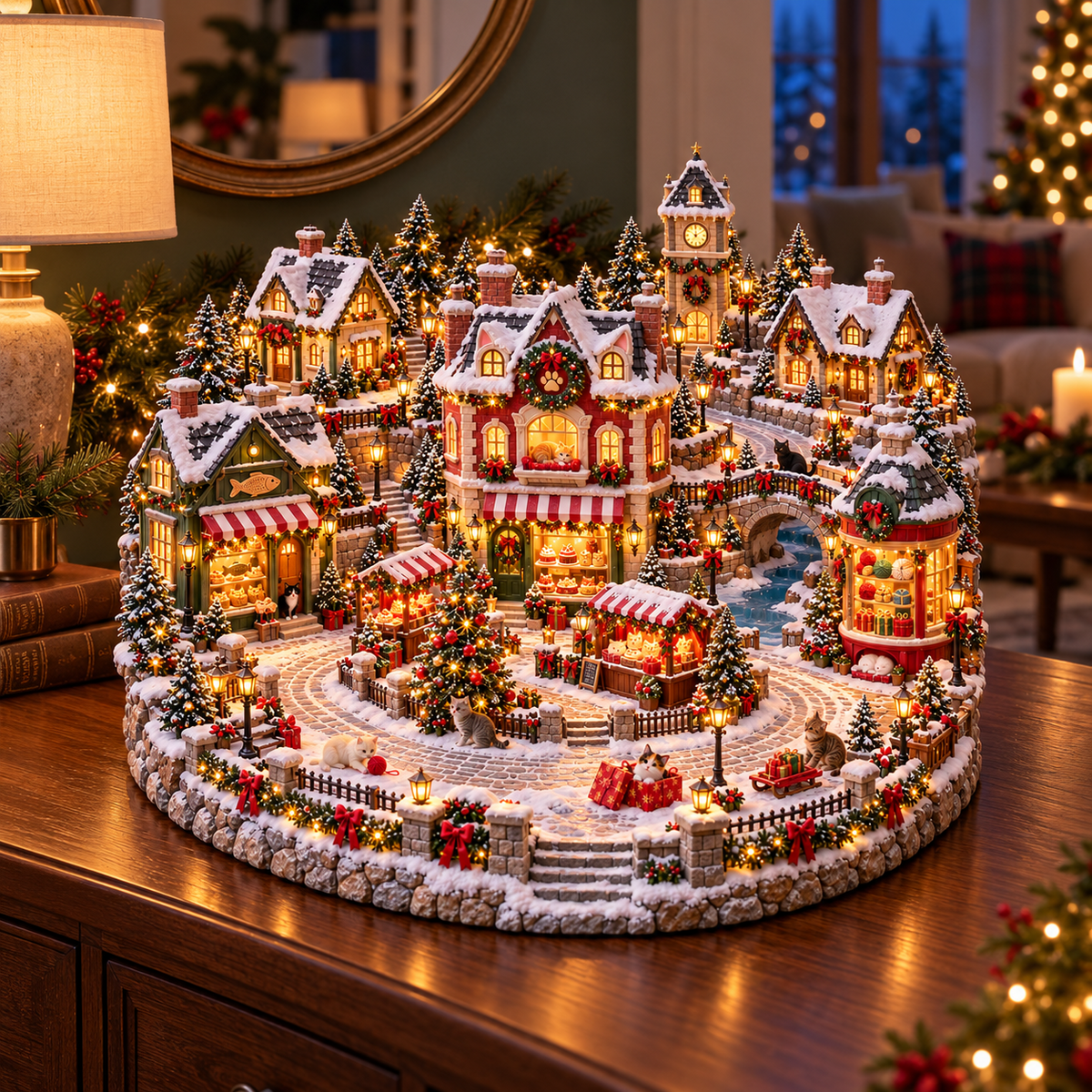 Christmas Cat Village 🐱🎄 – Lighted Cat Lover’s Holiday Scene 🐈✨