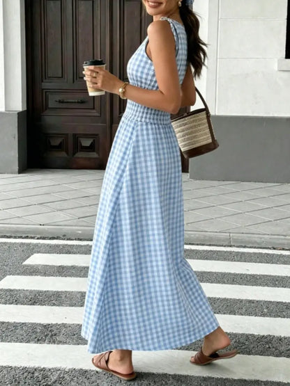 Women's Plaid Tie-Shoulder Maxi Dress | Sleeveless Elastic Summer Casual Dress
