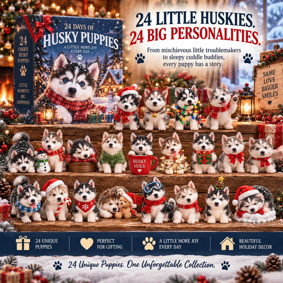 🐺 24 Days of Husky Puppies Advent Calendar – 24 Unique Realistic Siberian Husky Figurines, Christmas Gift for Husky Lovers