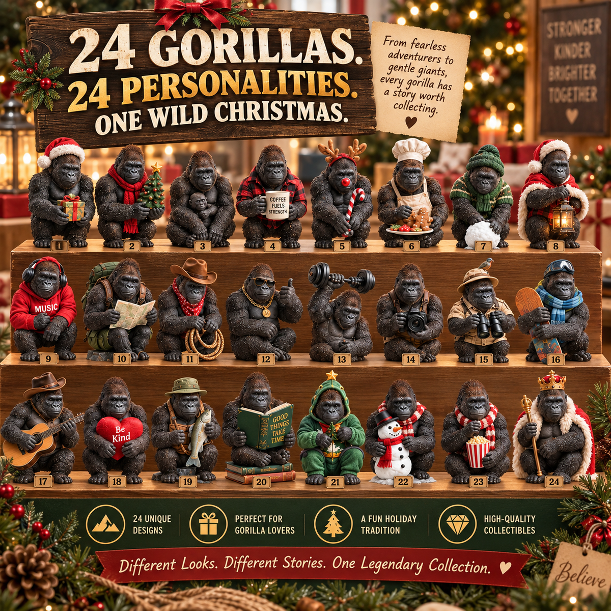 🦍 24 Days of Gorillas Advent Calendar – 24 Unique Realistic Gorilla Figurines, Christmas Countdown Gift for Gorilla Lovers