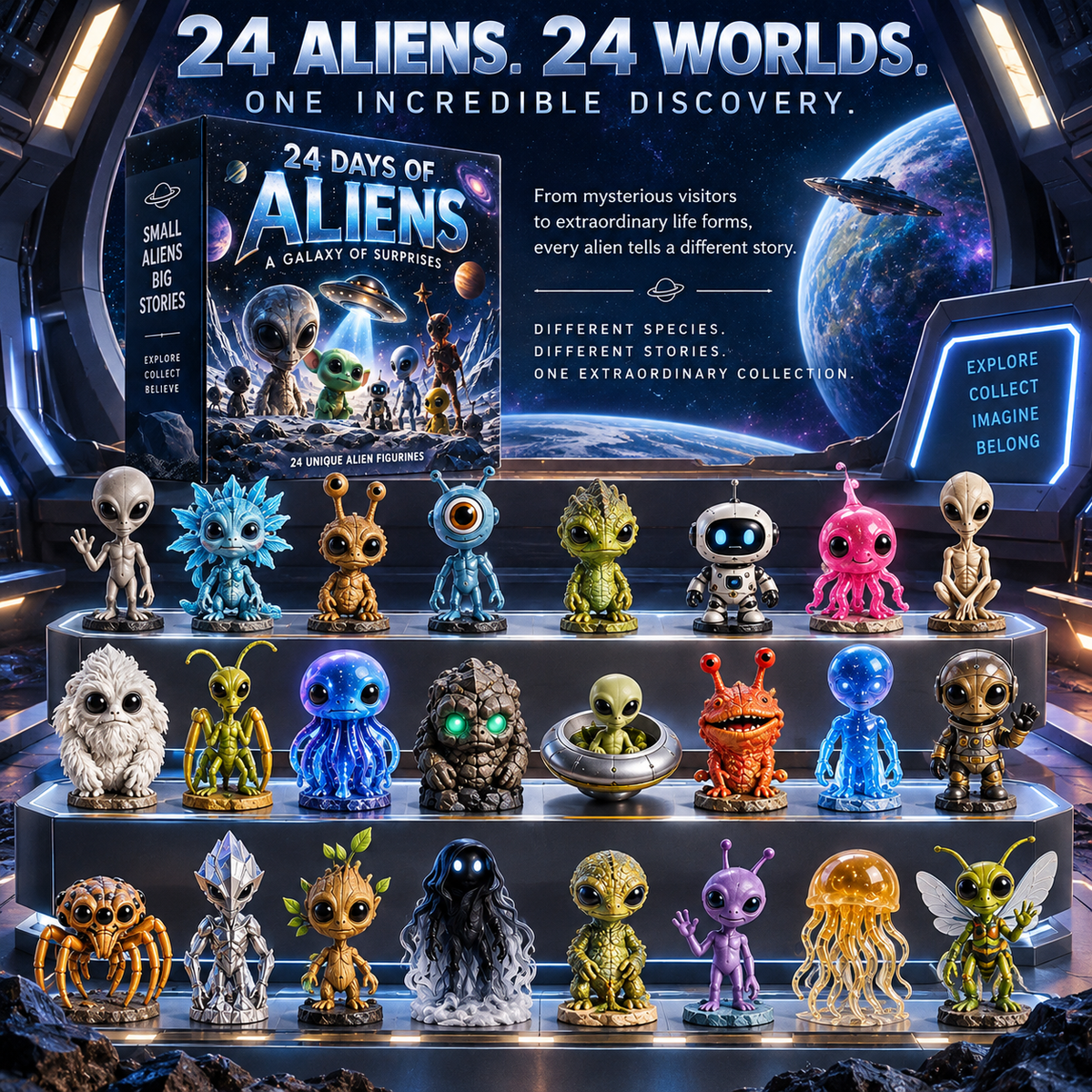 👽 24 Days of Alien Encounters Advent Calendar – 24 Unique Alien Figurines, Mystery Space Collectibles & Sci-Fi Gift