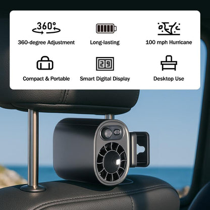 ❄️2026 Car Clip On Fan with LED Display - USB Rechargeable Personal Cooling Fan, 20Hr Battery