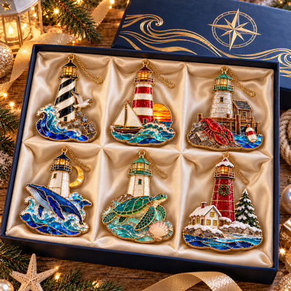 Coastal Lighthouse Christmas Ornaments – Vintage Stained Glass Style, Set of 6