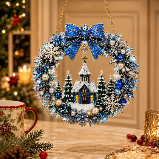 ❄️ DIY Snowy Church Diamond Art Christmas Wreath Pendant – Sparkling Holiday Window Decor 🎄