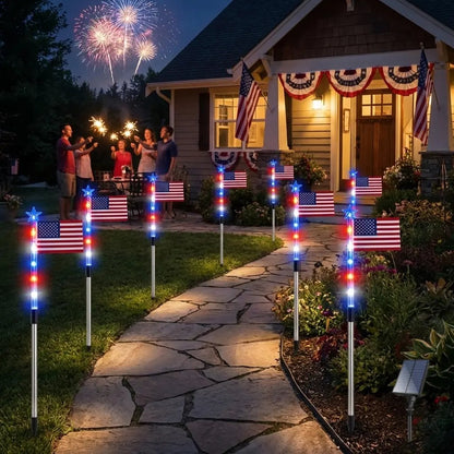 8-Piece American Flag Solar Pathway Lights - LED Patriotic Stakes with 8 Lighting Modes -Waterproof Garden Decor for 4th of July & Memorial Day