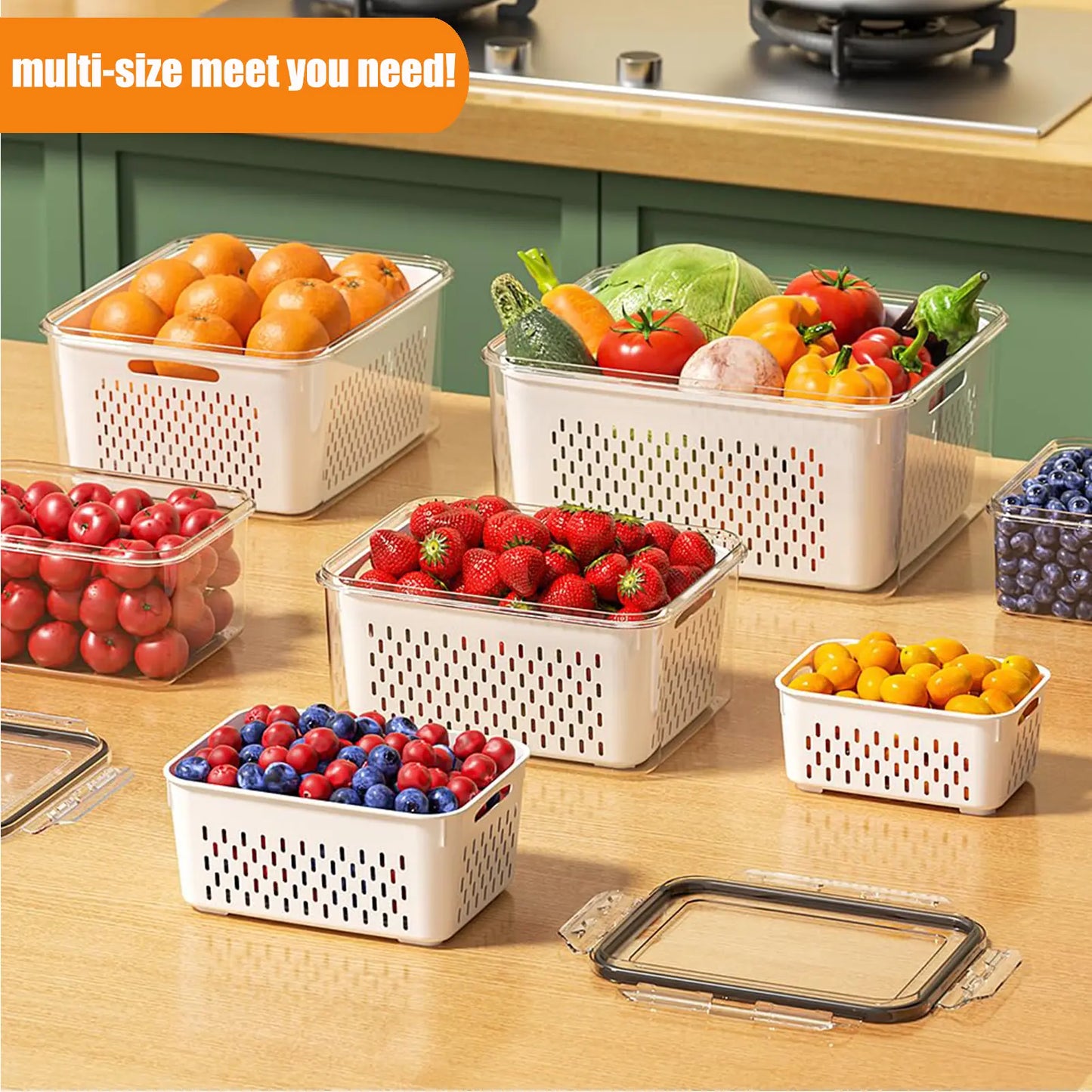 Fridge Organizers and Storage - Stackable Fruit Storage Containers for Fridge with Removable Colander, BPA-Free Food Storage Container for Salad Berry Lettuce Vegetables Meat Keeper Fresh