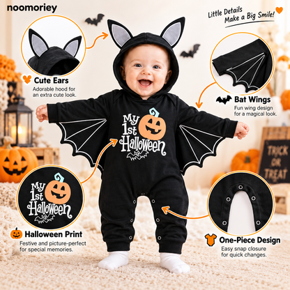 🎃 Baby’s First Halloween Bat Romper – Cute Winged Hooded One-Piece Costume