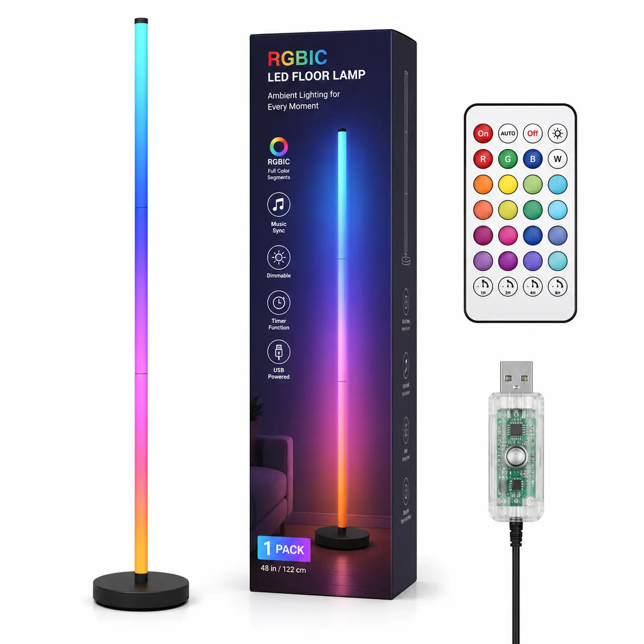 🌈48in RGBCorner Floor Lamp, App & Remote Control, Music Sync LED Ambient Light