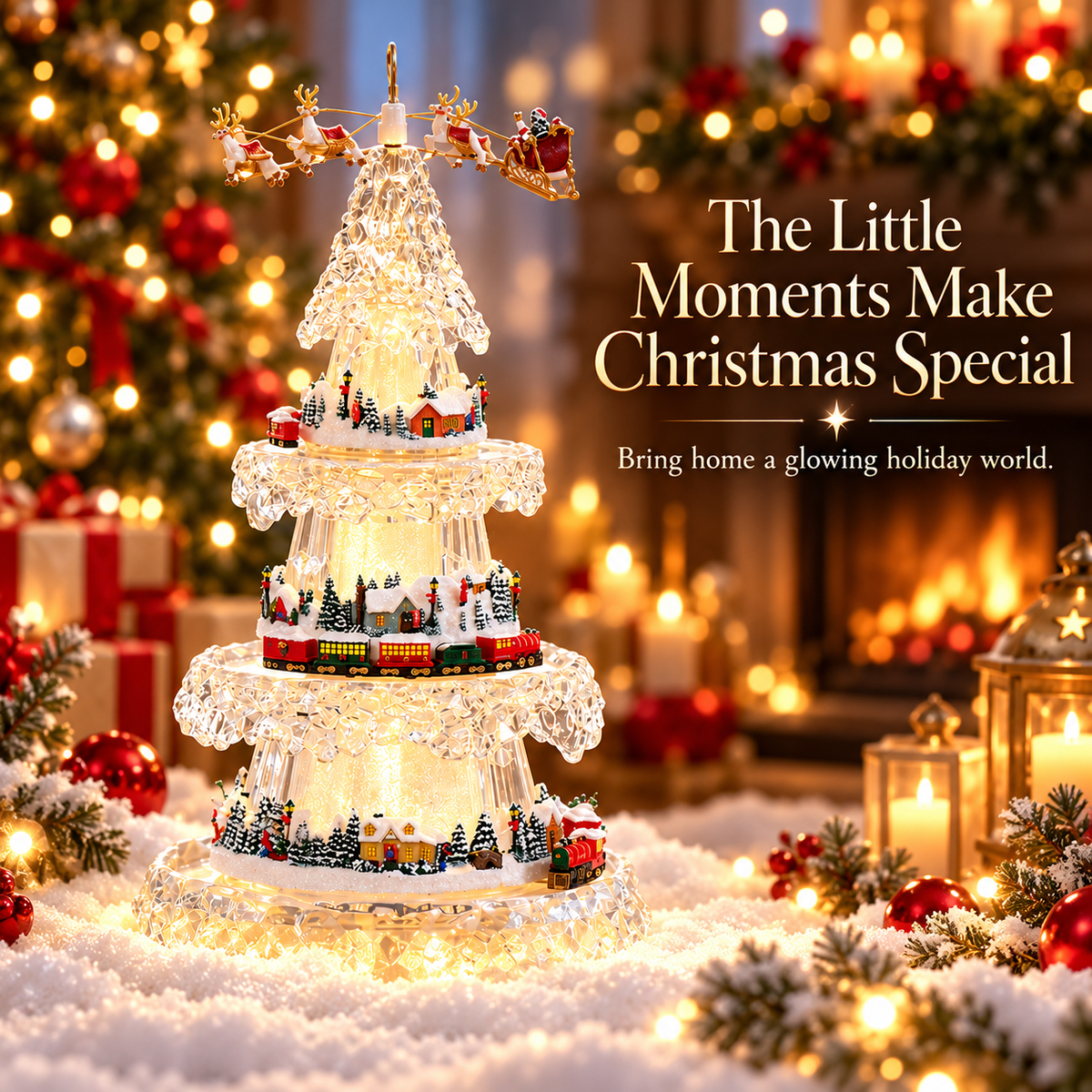Musical Christmas Tree with Animated Train – Light-Up Acrylic Holiday Village Tabletop Decoration