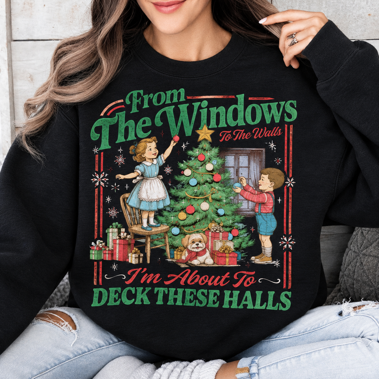 Retro “Deck These Halls” Christmas Apparel - Funny Holiday Sweatshirt
