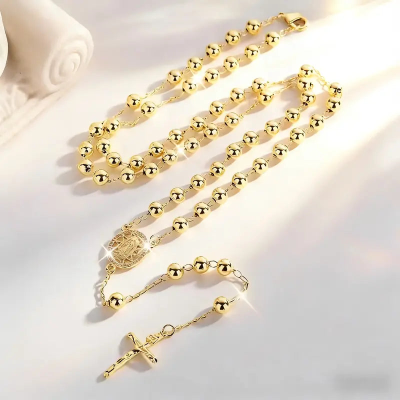 Fashion Hollow Virgin Guadalupe Prayer Bead Cross Necklace