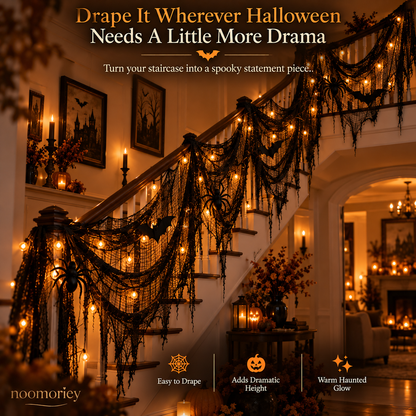 🎃 Halloween Creepy Cloth – Black Gauze Spiderweb Draping for Doorways, Stairs & Party Décor