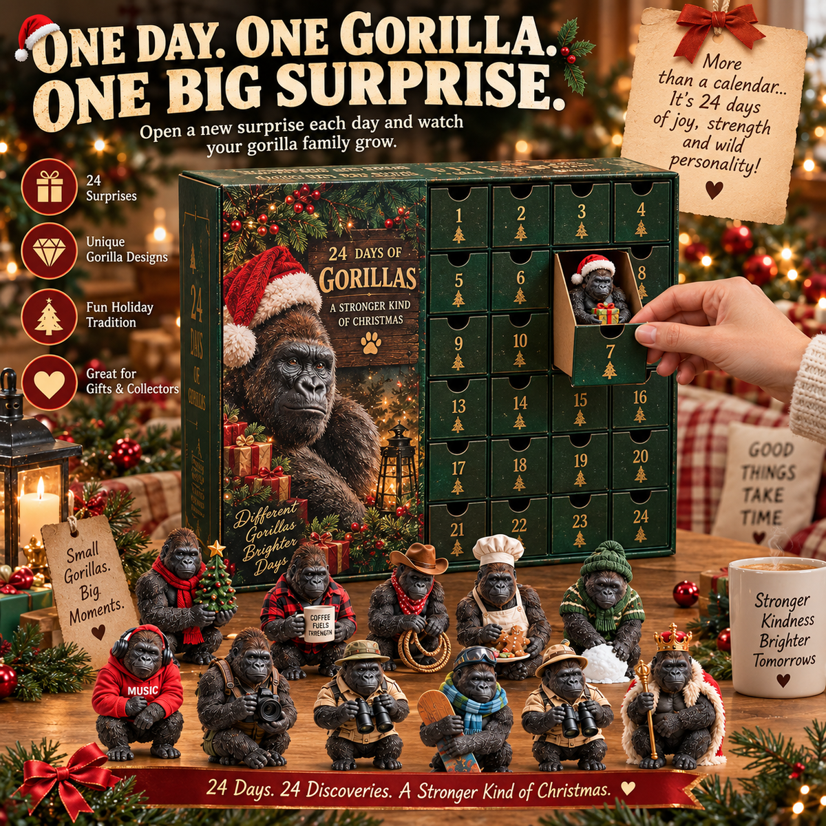 🦍 24 Days of Gorillas Advent Calendar – 24 Unique Realistic Gorilla Figurines, Christmas Countdown Gift for Gorilla Lovers