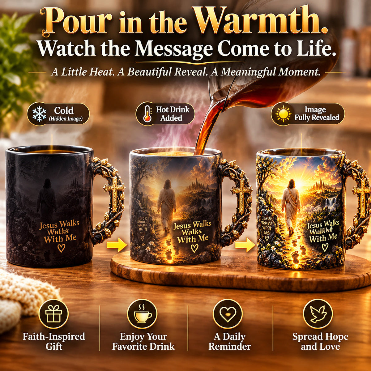 🔥 Last Day 49% OFF - 🔥✝️ Need a Little Faith With Your Coffee?! ☕ Jesus Walks With Me Heat-Reveal Mug – A Warm Reminder You're Never Alone!